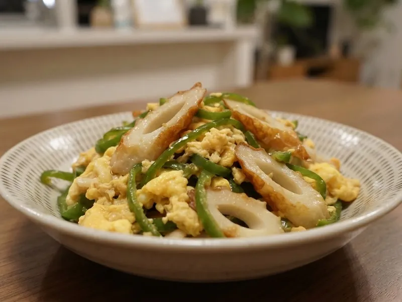 ちくわとピーマンと卵の鶏がら塩炒め