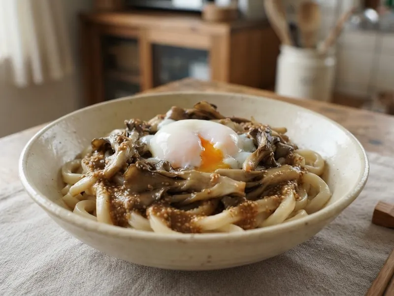 まいたけと温泉卵のごまみそうどん