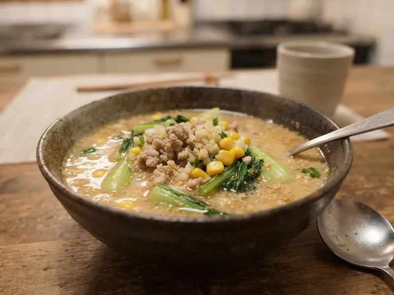 チンゲン菜とひき肉のごま坦々風スープ