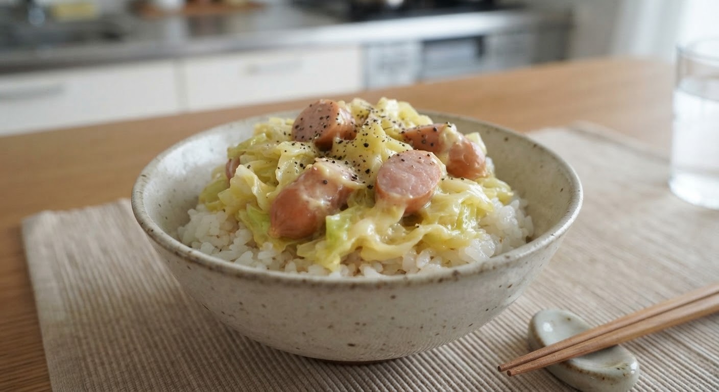 ウインナーとカットキャベツのコンソメマヨ丼