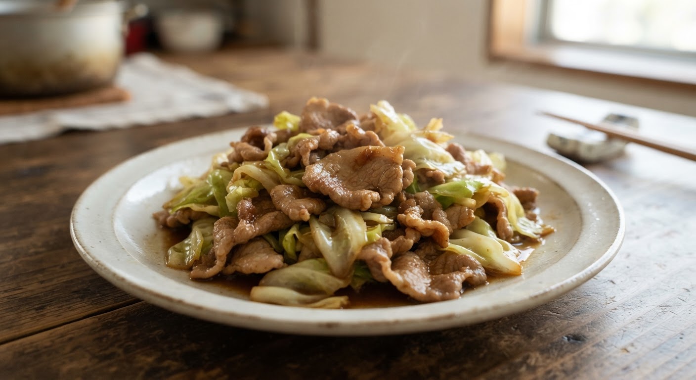 豚こまとキャベツの甘辛しょうが炒め