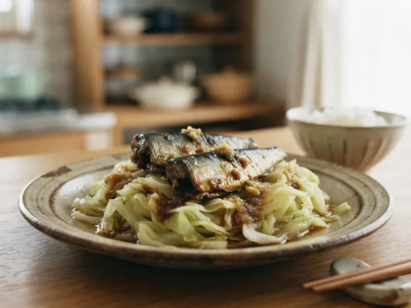 いわし蒲焼きとキャベツのしょうが蒸し