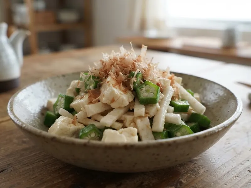 豆腐と長芋・オクラの梅おかかあえ