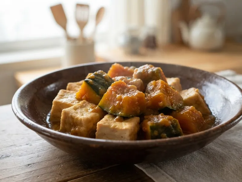 ひと口厚揚げと冷凍かぼちゃのレンジみそ煮