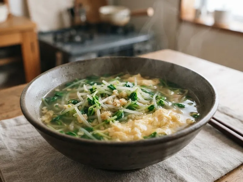 豆苗と卵の韓国風スープ