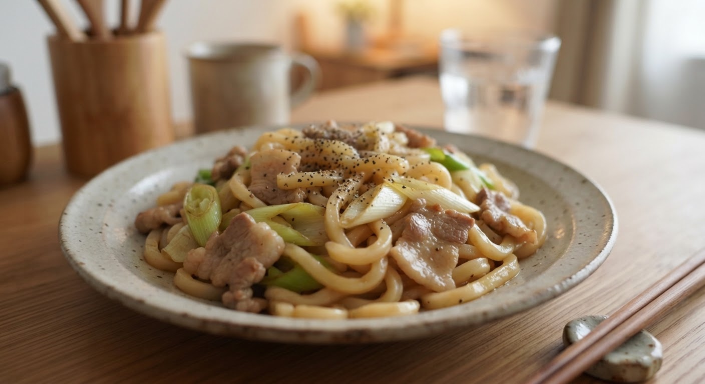 豚バラと長ねぎの塩だれ焼うどん