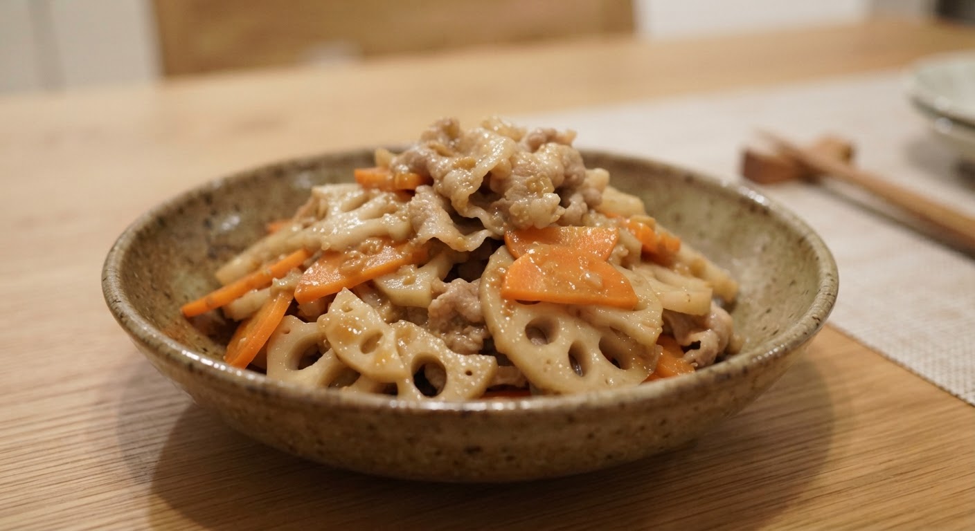 れんこんと豚バラのにんにく味噌炒め