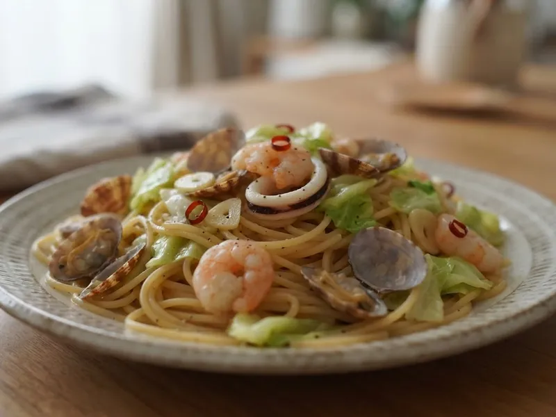 シーフードミックスとキャベツのボンゴレ風パスタ