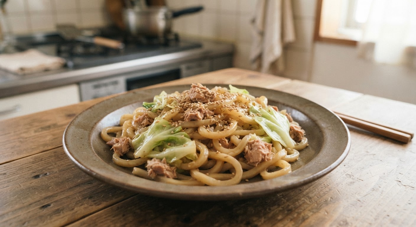 ツナとキャベツの塩だれ焼うどん