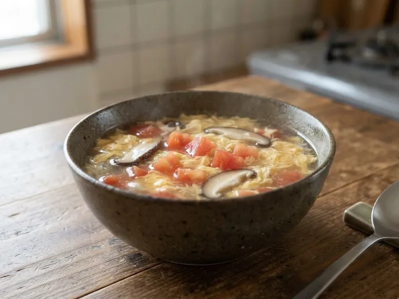 トマトとしいたけの酸辣湯風卵スープ