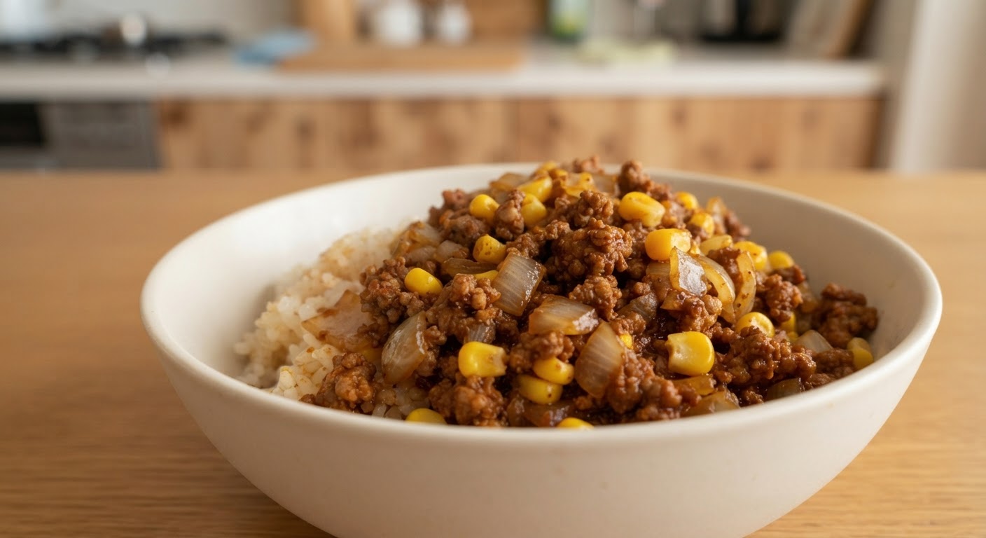 ひき肉とコーンのカレーケチャップ丼